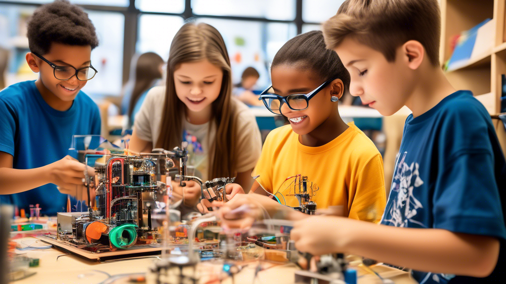 Depict a vibrant and energetic classroom where students are engaged in hands-on learning activities that seamlessly blend science, technology, engineering, art, and mathematics. The scene should captu