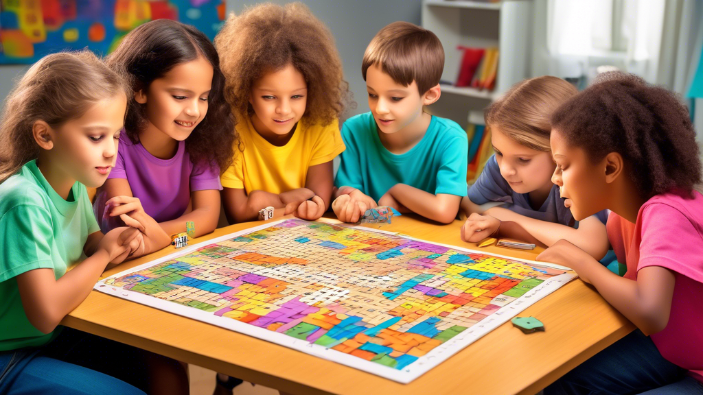 Create an image of a group of children gathered around a table, eagerly working on a variety of brain teasers and puzzles. Show them engrossed in figuring out challenges like crosswords, riddles, sudoku, and brainteasers, with expressions of concentr