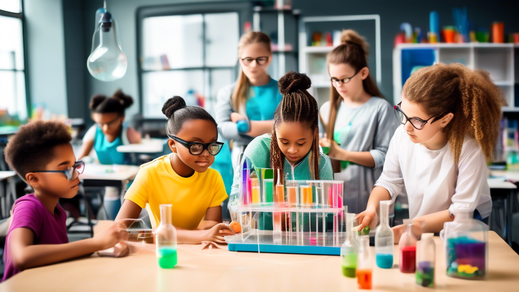A group of diverse students working on a hands-on science experiment in a bright and modern classroom, with the teacher in the background, showcasing the importance of STEAM education and collaboratio