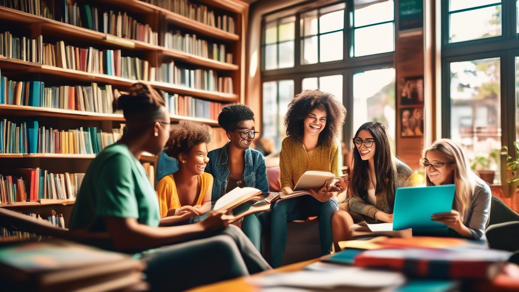 A cohesive pack of diverse people of all ages and backgrounds studying together in a vibrant library, bookshelves filled with colorful spines and natural light streaming through large windows, a sense