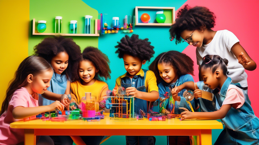 A group of young children, diverse in race and gender, gathered around a table, engaged in hands-on science, technology, engineering, and math (STEM) activities with bright colors and interactive elem