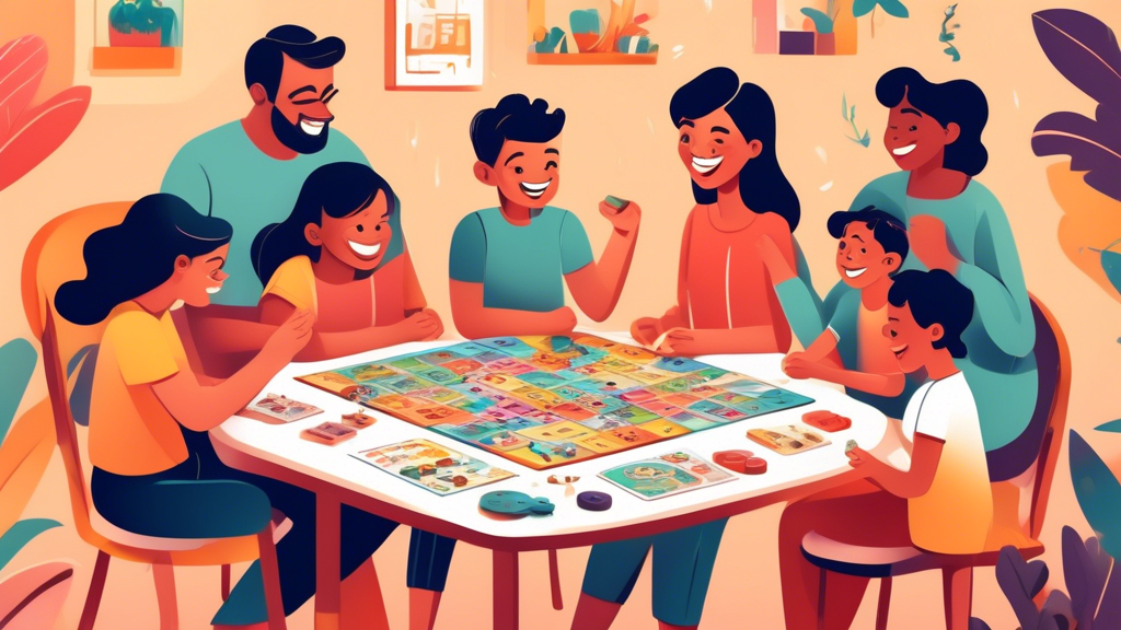 A family gathered around a table, playing a board game. The game board is full of colorful illustrations, and the family members are smiling and laughing.