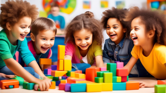 Generate an imaginative and colorful image of children smiling and happy while they playfully learn to solve problems together. The environment around them is stimulating and full of visual learning a