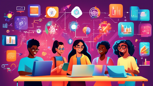 A group of diverse students enthusiastically engaged in interactive learning using STEM apps on their laptops and tablets, surrounded by colorful infographics and educational materials. The apps featu