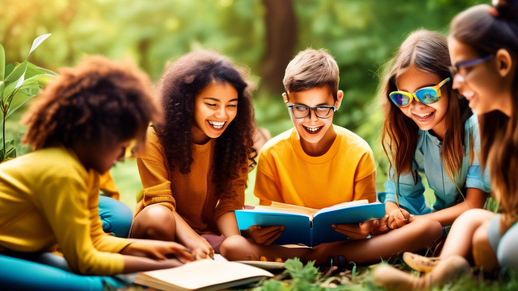Generate an image of a group of students engaged in activities that promote educational enrichment, such as reading, experimenting, or exploring nature. The image should convey a sense of joy and disc