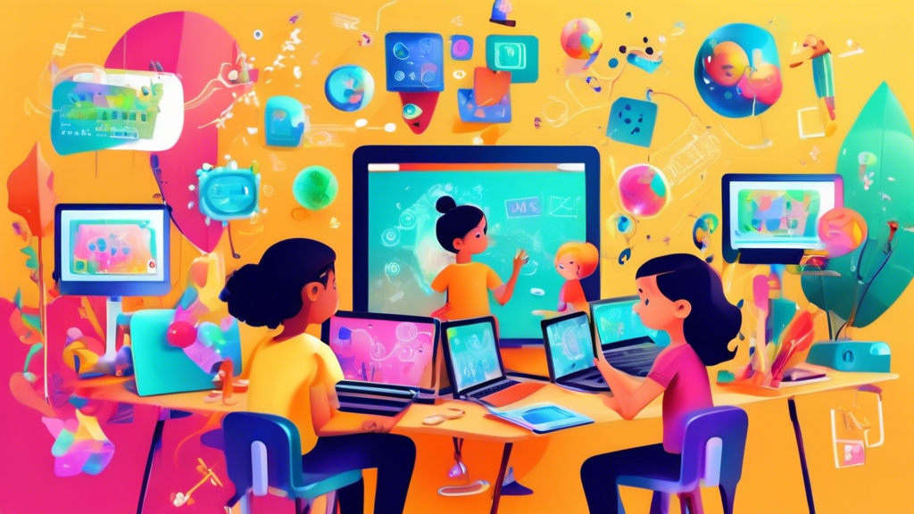 A colorful and whimsical classroom setting where children are enthusiastically coding on laptops, surrounded by playful visuals and interactive elements. The image should convey a sense of fun, creati