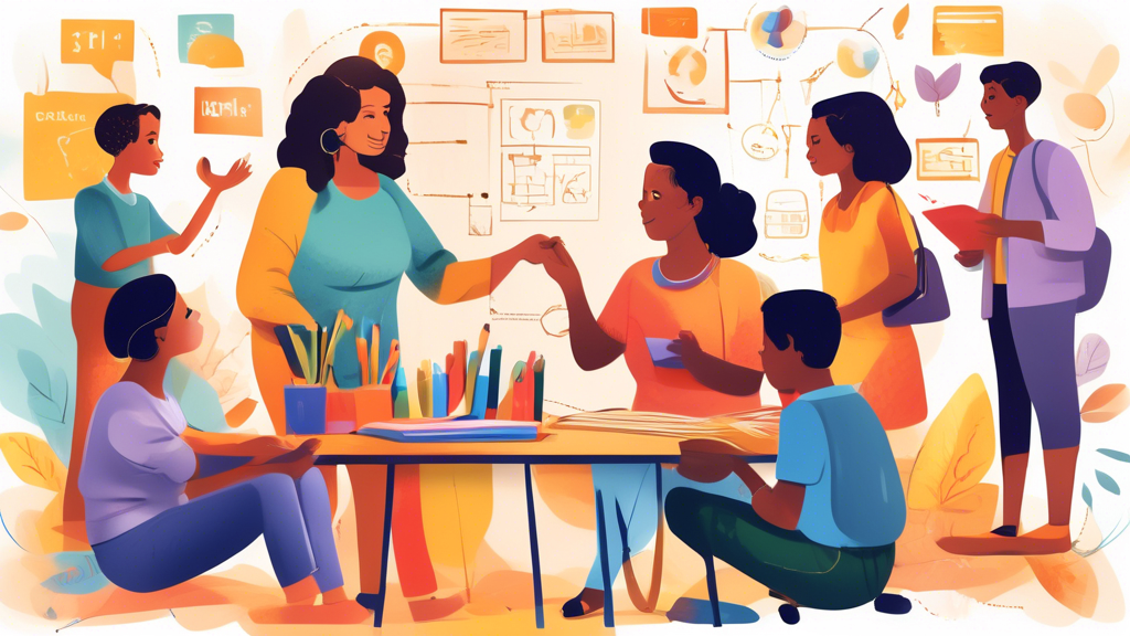 A vibrant, dynamic scene depicting the collaboration between parents and teachers in fostering cognitive growth. Showcase the positive interactions, open communication, and shared goals to nurture chi