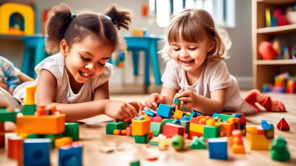 Create an image depicting children engaging in various types of play, such as building blocks, drawing, and pretend play, to illustrate the importance of play for cognitive development. Show the children demonstrating curiosity, creativity, problem-s