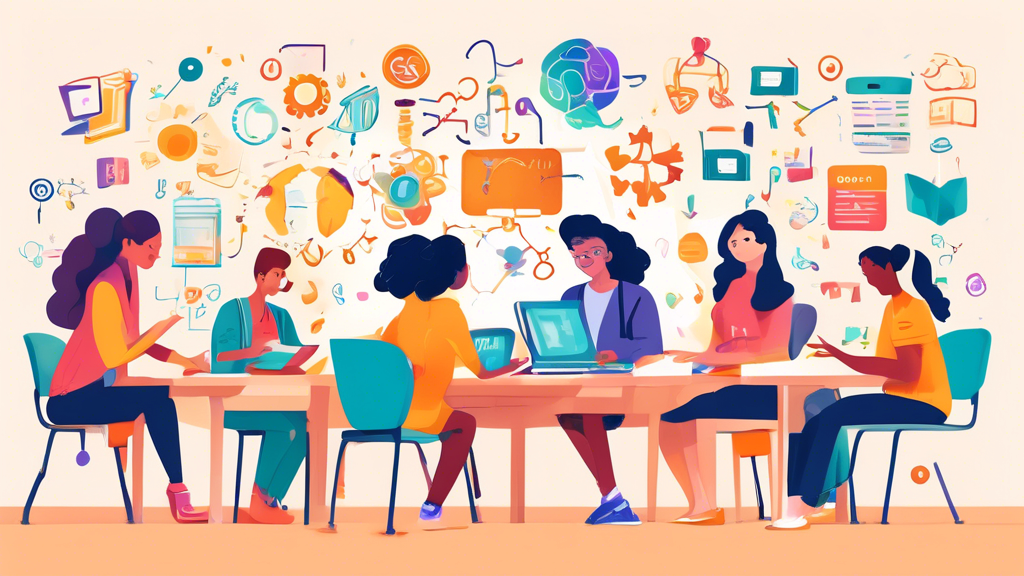 **Prompt:**

Depict a vibrant classroom where students and teachers collaborate seamlessly, surrounded by symbols of knowledge, growth, and innovation, embodying the transformative power of parent-sch