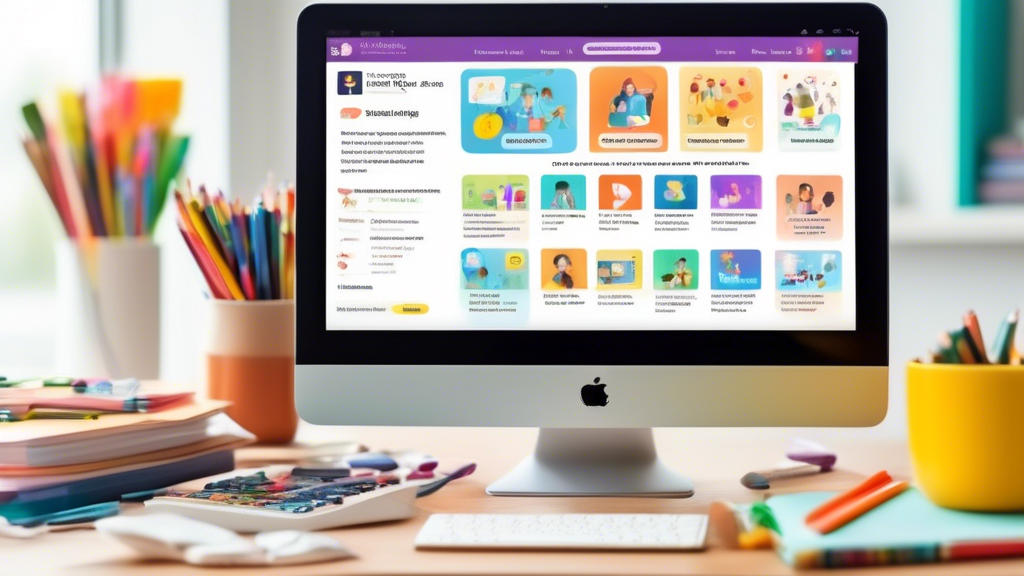 An image of a computer screen displaying a variety of online courses for parents, with a focus on enrichment activities for children. The courses should cover topics such as STEM, arts and crafts, and