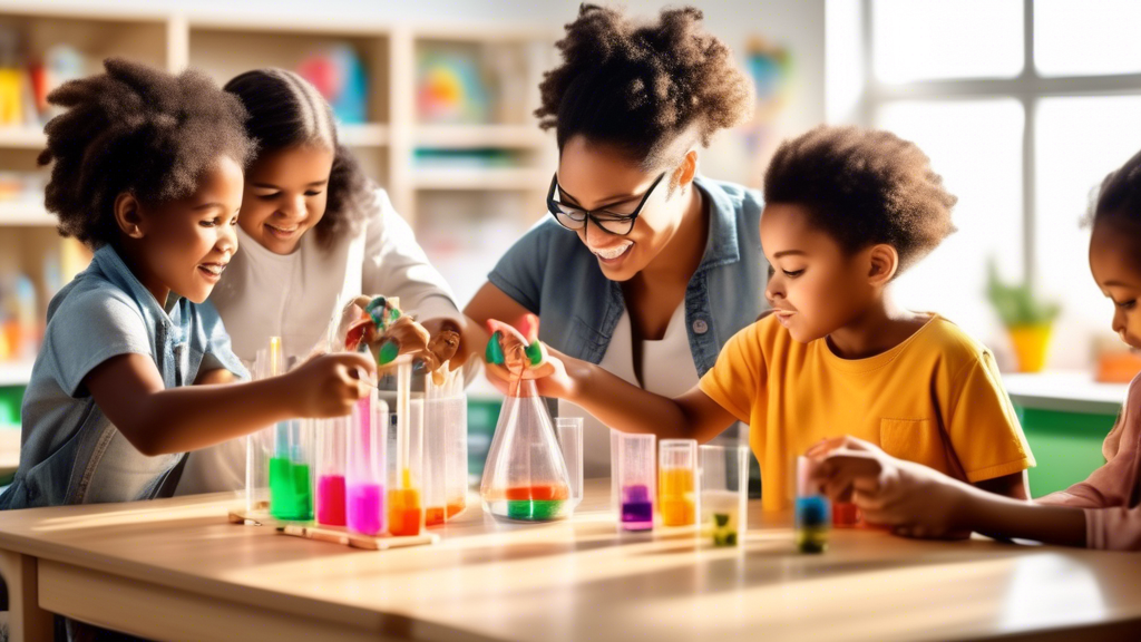 A group of diverse parents and children engaging in a hands-on science experiment in a brightly lit and well-equipped classroom, capturing the essence of parents as empowered partners in STEAM educati