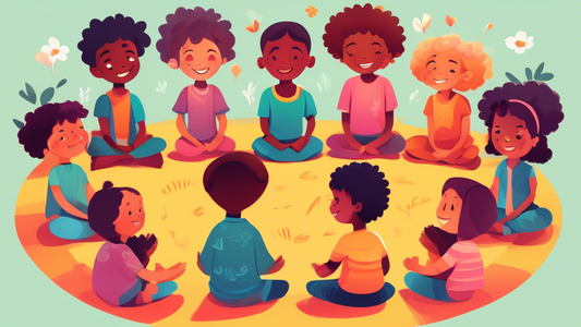 A colorful and whimsical illustration of a group of children sitting in a circle, meditating together. The children are all different ages and races, and they are all smiling peacefully. The illustrat