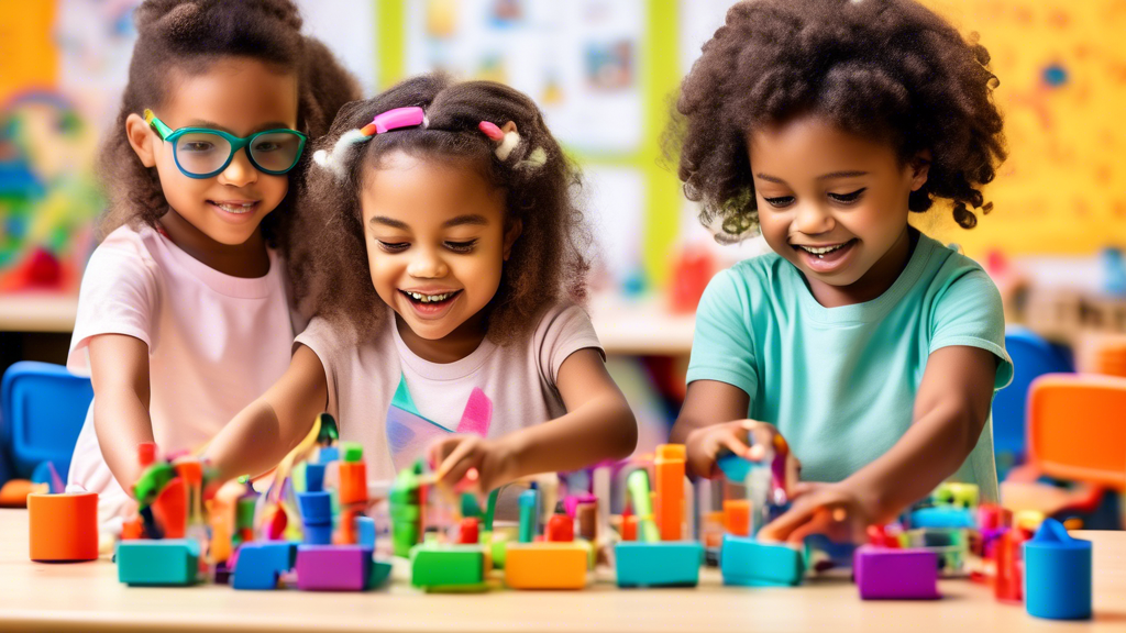 A group of diverse preschool children engaged in hands-on STEM activities in a colorful and stimulating classroom, showcasing the joy and wonder of early learning in science, technology, engineering, 