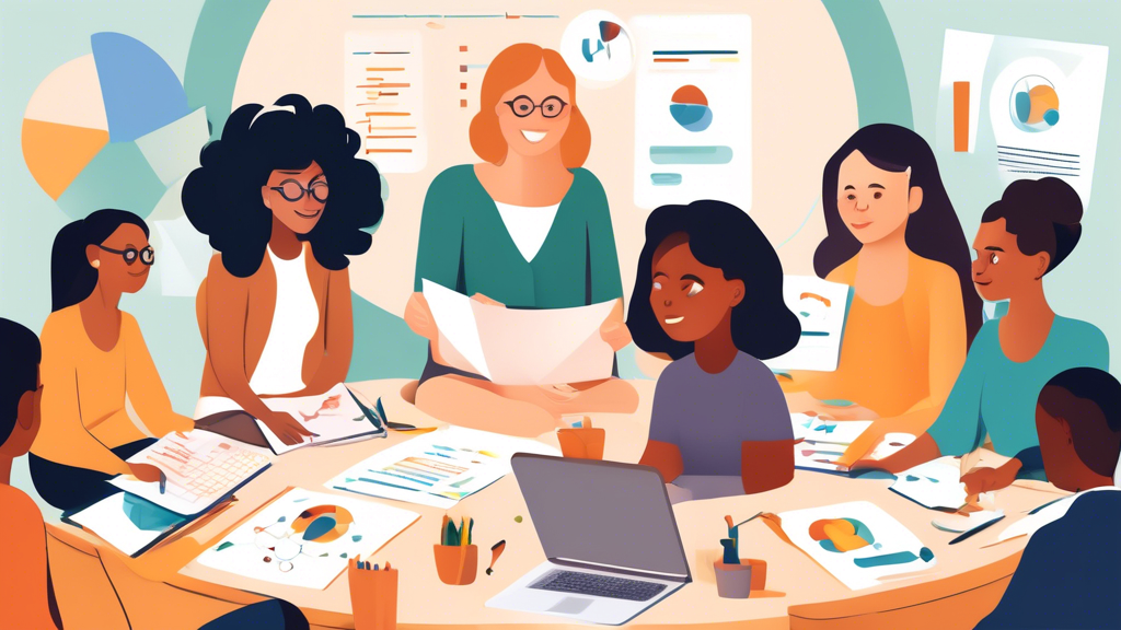 A diverse group of parents and teachers sitting in a circle, talking and sharing ideas about how to support the cognitive growth of children. They are using various tools, such as charts, graphs, and 