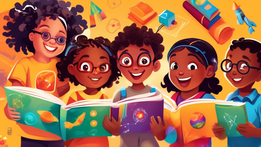 A colorful and engaging image of children of diverse backgrounds exploring and learning about STEM concepts through interactive books. The image should depict the children's curiosity and excitement a