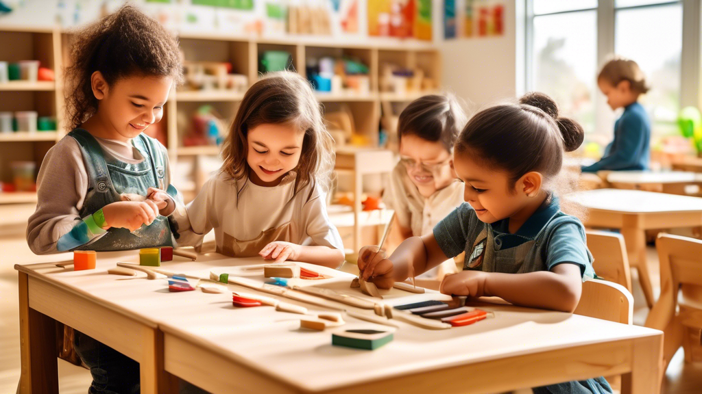 A vibrant classroom filled with natural light, where children of various ages are engaged in hands-on learning activities. Montessori materials and furniture are arranged throughout the space, fosteri