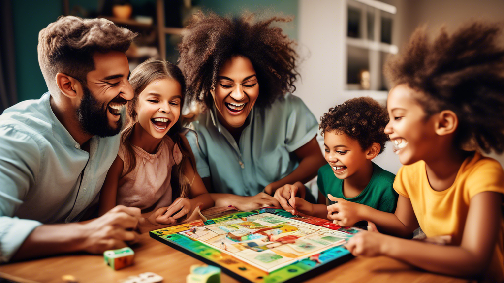 A family gathered around a table, playing an educational board game together. The children are laughing and learning, while the parents are enjoying the time spent together. The image should be bright