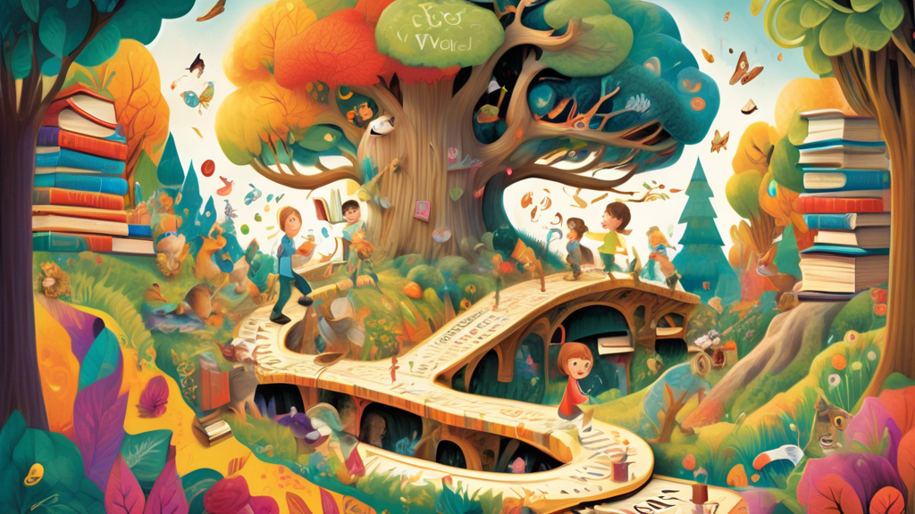 A whimsical and imaginative illustration depicting playful pathways to literacy, such as:

* Children frolicking through a vibrant landscape of books and letters
* A playful labyrinth filled with colo