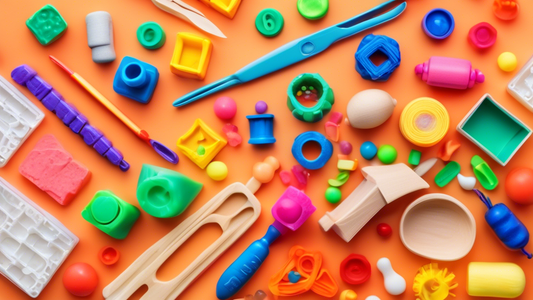A collection of colorful and dynamic fine motor development tools such as: threading beads, shape sorters, playdough and molds, tweezers, and building blocks.