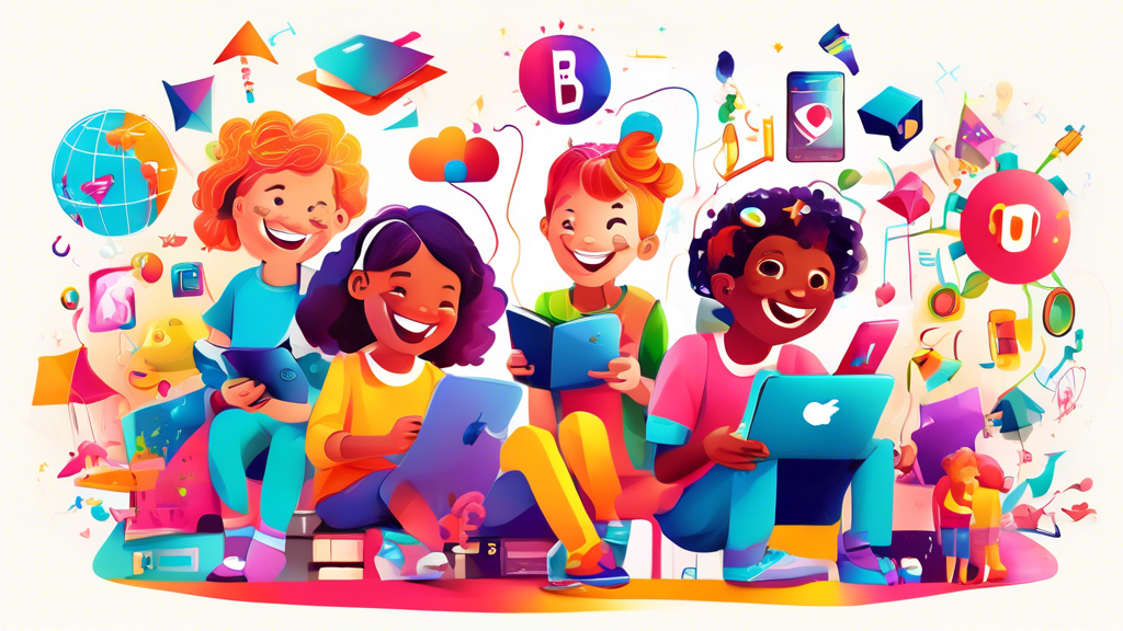 A colorful and playful digital illustration of a happy group of children interacting with educational apps on various devices, surrounded by bright and whimsical elements that represent learning, crea