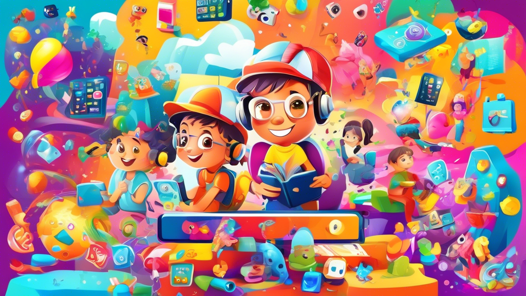 Create a vibrant and colorful digital collage that showcases a variety of engaging and educational online games for children. Include elements that represent fun, learning, and the excitement of explo