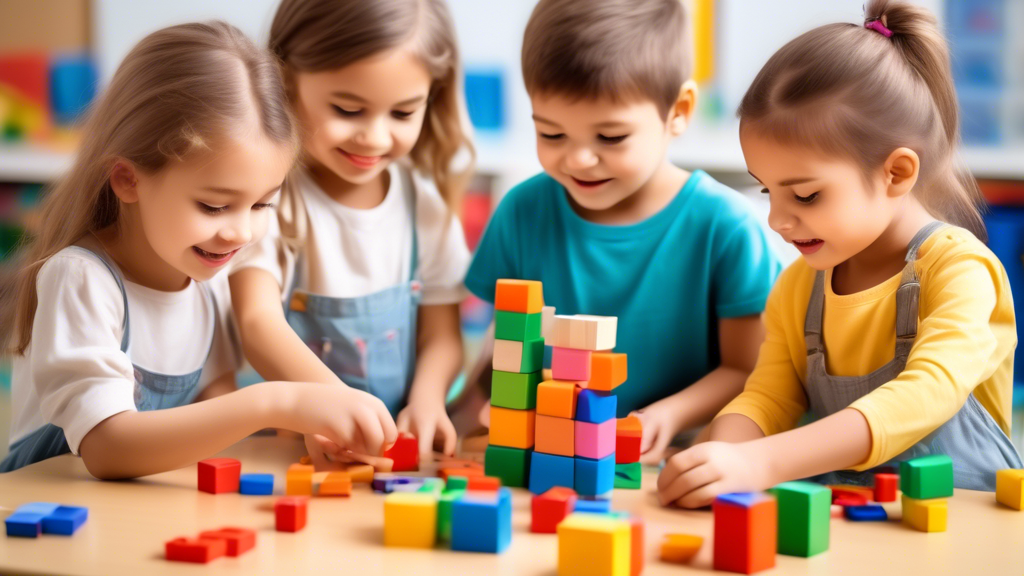 Create an image of a classroom filled with young children engaged in various hands-on math activities such as counting colorful blocks, sorting shapes, and solving simple addition problems. The scene should have a warm and inviting atmosphere, showca