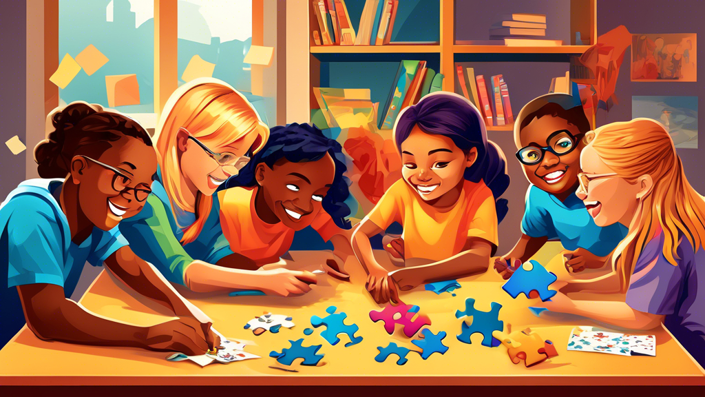 Create an image of a diverse group of students actively engaged in solving educational puzzles together in a collaborative and fun classroom setting. The image should showcase their enthusiasm, concentration, and teamwork while working on the puzzles