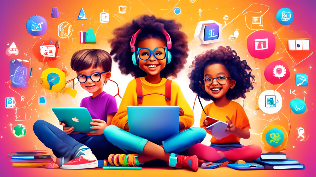 A colorful and engaging image of a group of diverse children using educational apps on various devices, surrounded by educational tools and symbols, representing the benefits and joy of learning throu