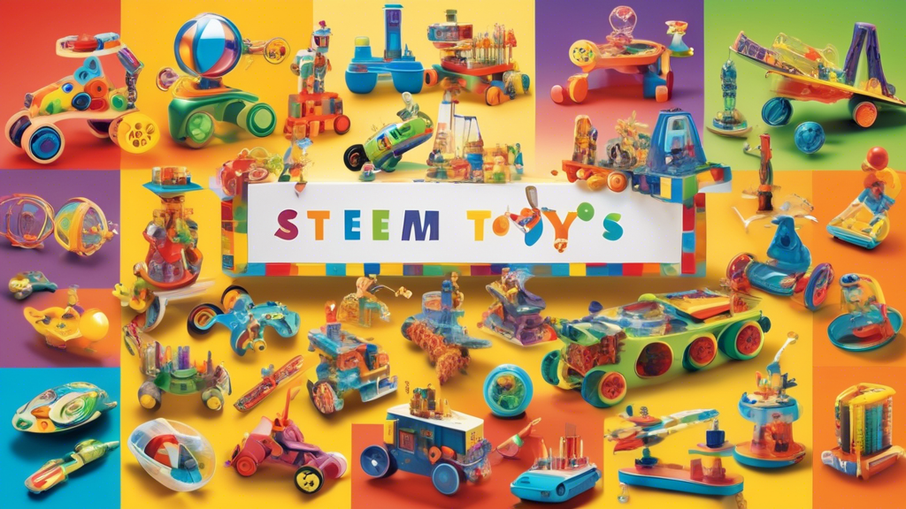 A vibrant and imaginative montage that captures the stimulating and transformative power of STEM toys. Depict children eagerly exploring and interacting with a diverse array of STEM toys, showcasing t
