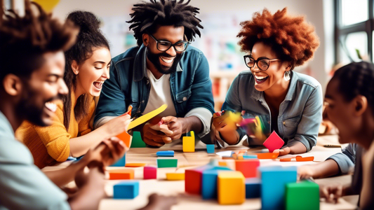 A group of diverse adult learners engaged in playful activities in a classroom setting, fostering creativity, problem-solving, and a love for learning.