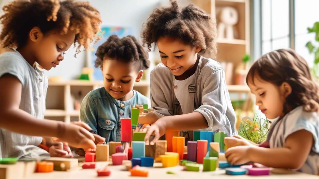 Create an image of a diverse group of young children engaged in various Montessori learning activities, such as sorting colorful objects, working on puzzles, or watering plants in a classroom setting filled with natural light and Montessori materials
