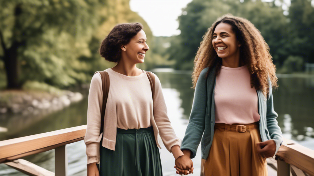 Two teachers, one Montessori and one Waldorf, standing together on a bridge over a river, holding hands, smiling at each other, behind them are their respective students, also holding hands