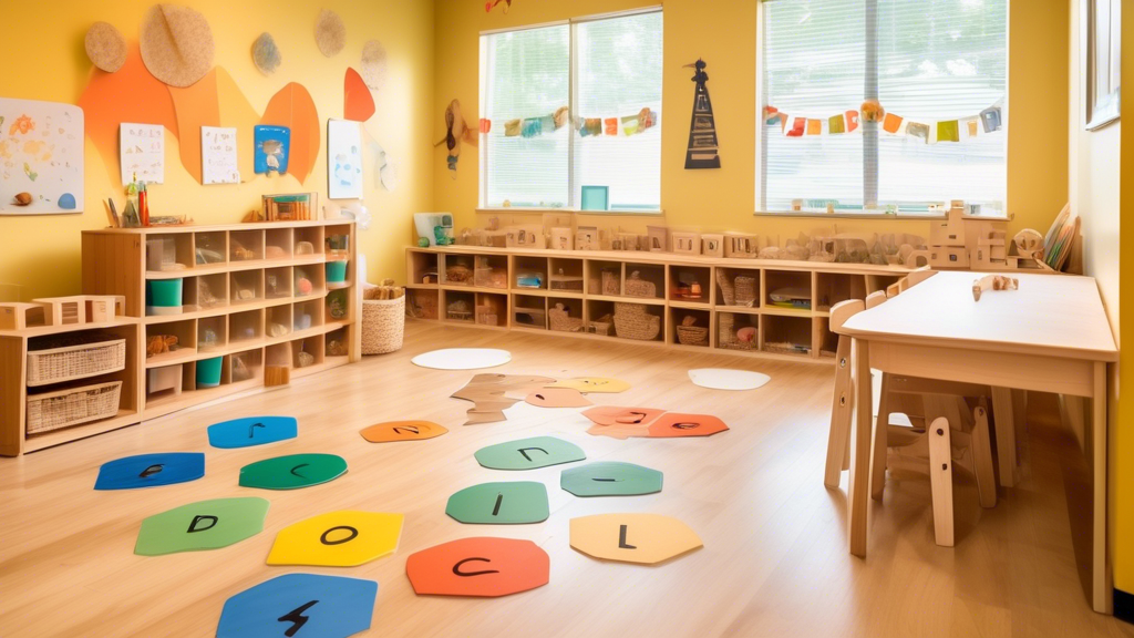 A vibrant and whimsical classroom with natural wood furnishings, soft lighting, and Montessori-inspired learning materials, such as blocks, puzzles, and sensory bins. The atmosphere is warm and inviti