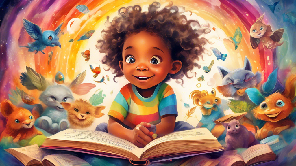 Create an image of a child surrounded by colorful storybooks, lost in the magic of storytelling. The child's eyes are wide with wonder and their face is filled with curiosity and joy as they listen intently to a captivating story being read to them. 