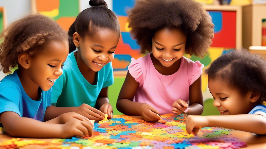 Create an image of a diverse group of children engaged in fun and colorful puzzles that require fine motor skills, such as building blocks, threading beads, and completing intricate jigsaw puzzles. Each child is focused and smiling, showcasing their 