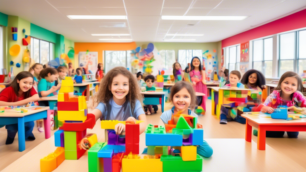 A classroom full of children engaged in various STEAM activities, such as building with blocks, creating art, and experimenting with science equipment. The children are all smiling and having fun, and