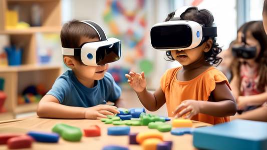 Generate a visually captivating image that depicts the fusion of technology and play in an early learning environment. Showcase children engaged in interactive and innovative activities that foster co