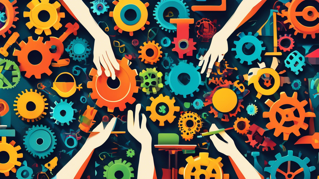 Collaborative Strategies for Educational Excellence: A Colorful Mosaic of Diverse Hands, Books, Tablets, and Gears Intertwined, Representing the Synergy and Innovation of Collective Efforts in Educati