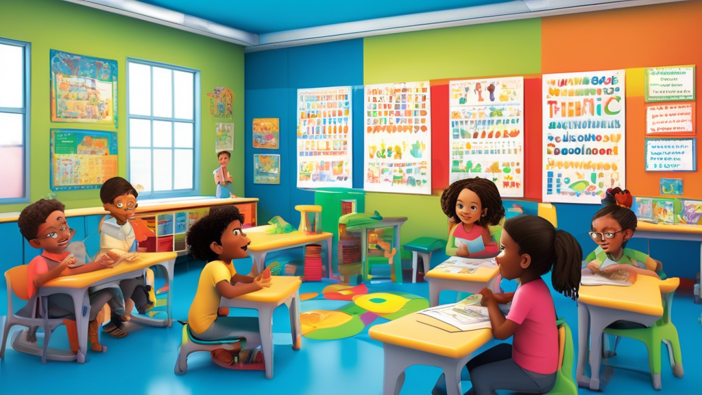 **DALL-E prompt:**

A vibrant and dynamic classroom scene where children are actively engaged in phonics instruction. The teacher is leading a small group lesson, and the walls are covered with colorf