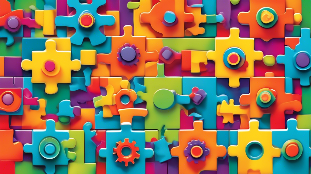 Create an image of a whimsical puzzle comprised of colorful blocks, gears, and shapes designed to challenge and engage children's critical thinking skills. The puzzle should be set against a vibrant, playful background to evoke a sense of curiosity a