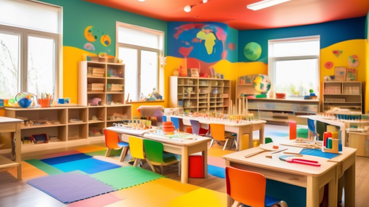 A vibrantly colored classroom filled with Montessori and Waldorf educational materials and toys, where children are engaged in collaborative activities that foster social and emotional development.