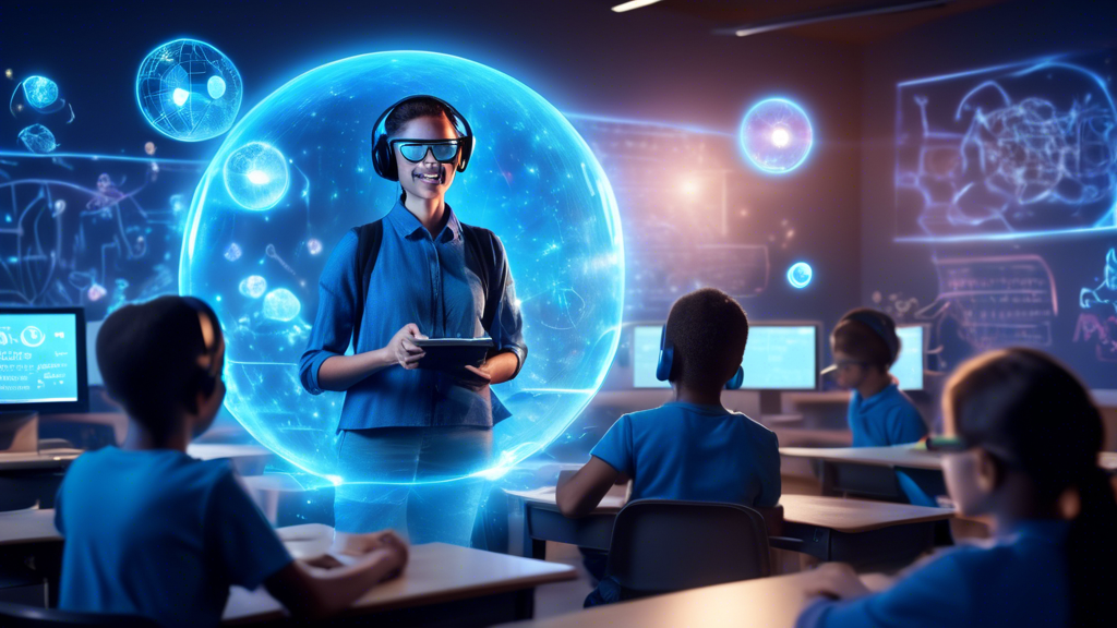 A holographic teacher in the form of a glowing blue orb floating in a classroom, projecting interactive educational content onto the walls and desks, with students wearing AR headsets engaged in an im