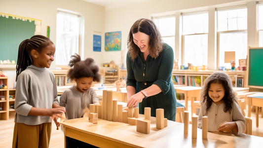 Two teachers, one Montessori and one Waldorf, standing side-by-side, smiling, and interacting with a diverse group of young children in a spacious and bright classroom setting, filled with natural lig