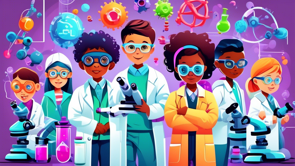 A group of diverse children wearing lab coats and safety goggles, surrounded by colorful and interactive scientific equipment, such as microscopes, beakers, and robotics kits