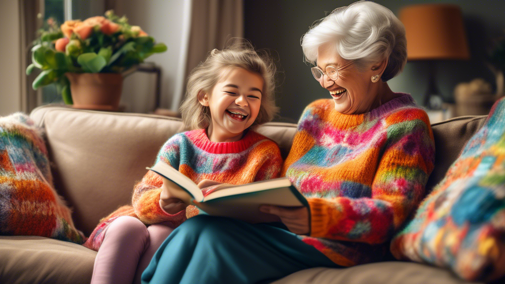 An elderly grandmother and her young granddaughter sitting on a couch, reading a book together and laughing. The grandmother is wearing a cozy sweater and the granddaughter is wearing a colorful dress
