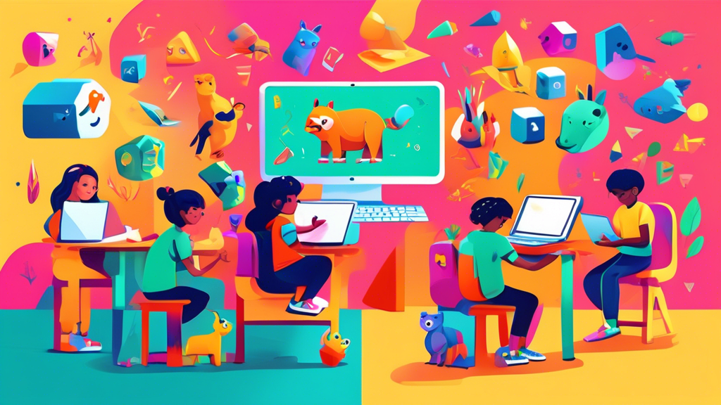 Kids in a colorful classroom coding on laptops, surrounded by brightly colored illustrations of animals, shapes, and code blocks