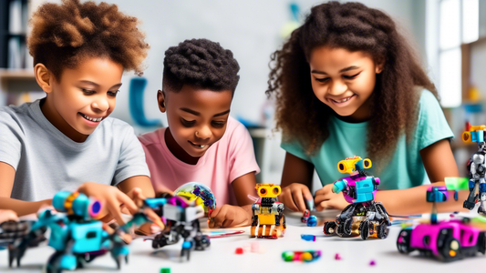 A group of diverse children engaged in hands-on STEM activities, such as building robots, coding, and conducting science experiments, showcasing the development of critical thinking skills through pla