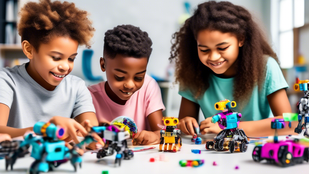 A group of diverse children engaged in hands-on STEM activities, such as building robots, coding, and conducting science experiments, showcasing the development of critical thinking skills through pla