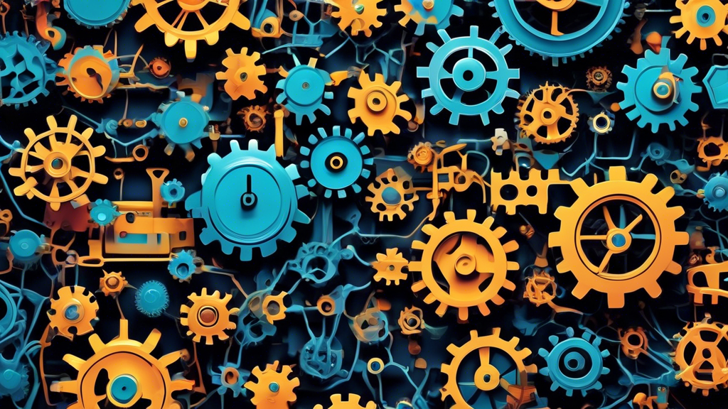 Display collaborative tools that link together several minds and devices in an artistic way, such as a network of gears and interconnected brains, symbolizing collective intelligence and innovation. I