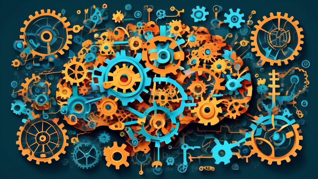 An abstract depiction of a brain filled with gears and cogs, with pathways forming new connections and expanding outward in all directions, symbolizing the growth mindset and lifelong learning.